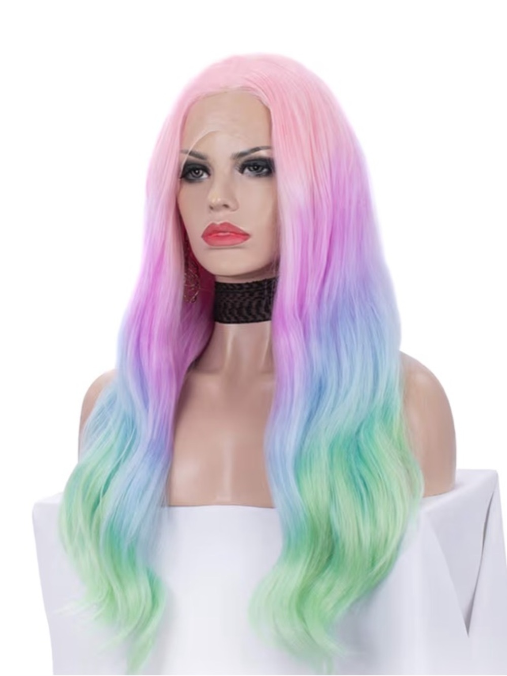 Rainbow Long Loose Wave Mermaid Wig - Pastel Pink to Green - Picture 3 of 3